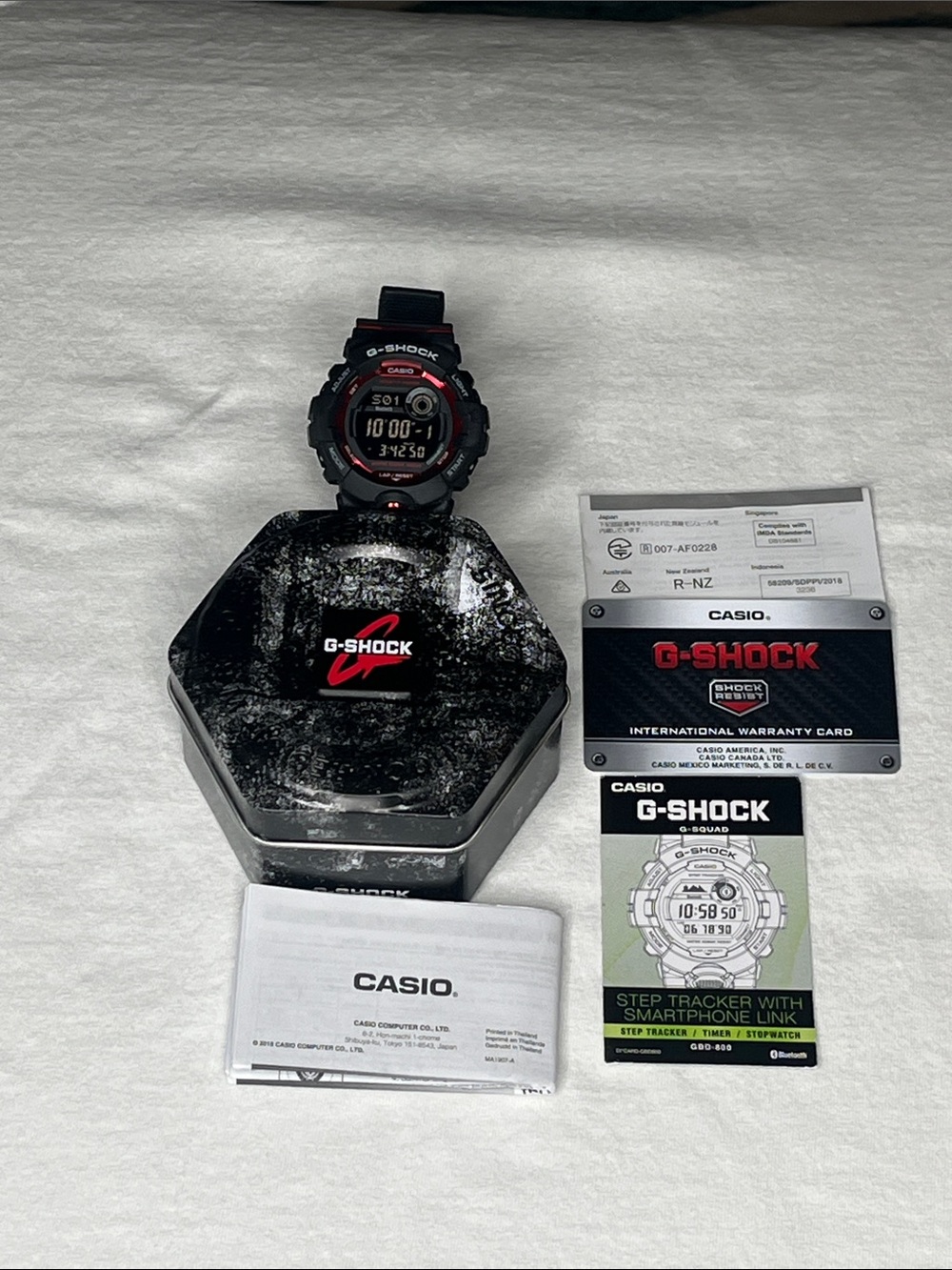 G-Shock GBD-800 Black Digital Watch with Red Accents and Original Tin